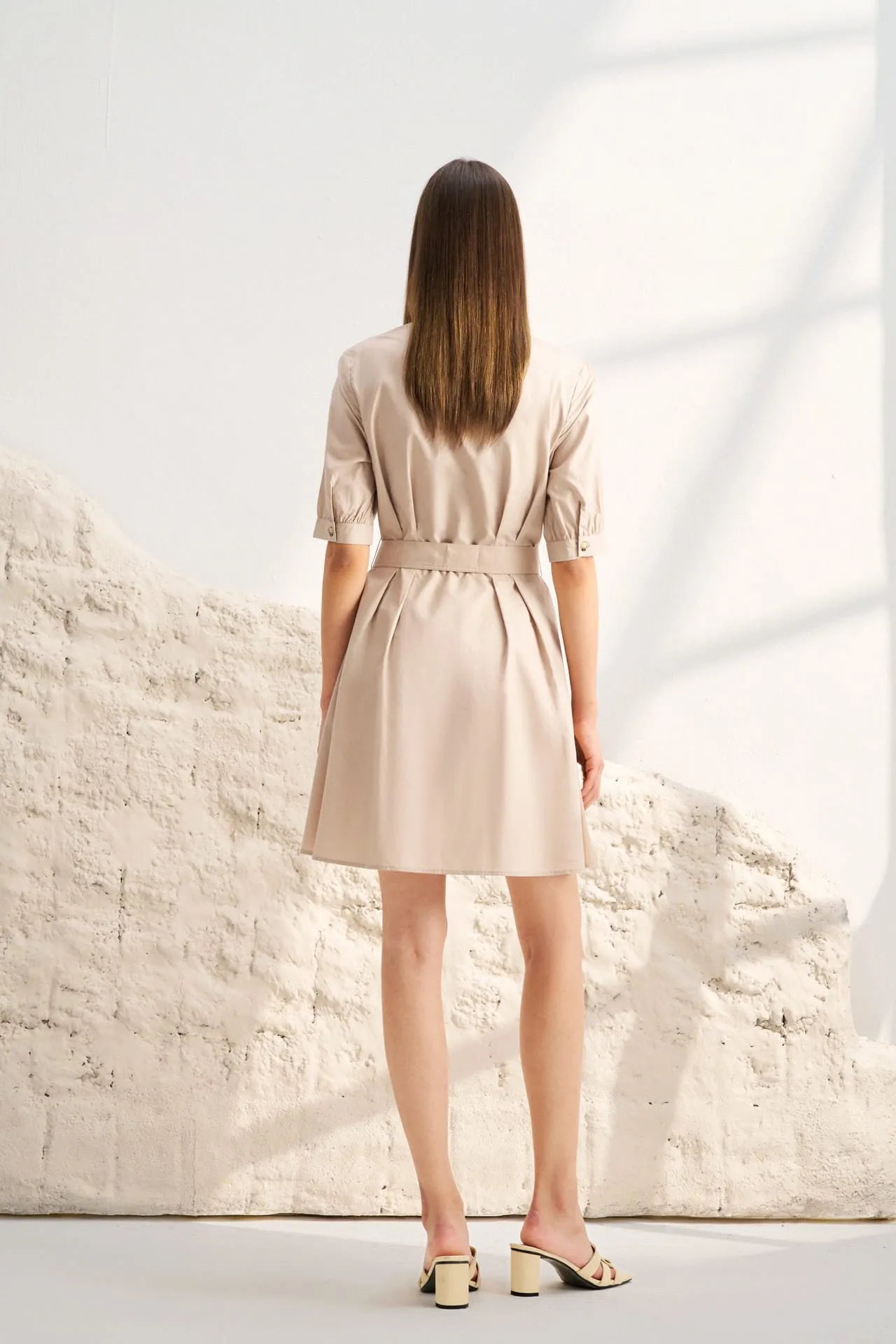 V-Neck Puff Sleeves Fit & Flare Dress with Fabric Belt