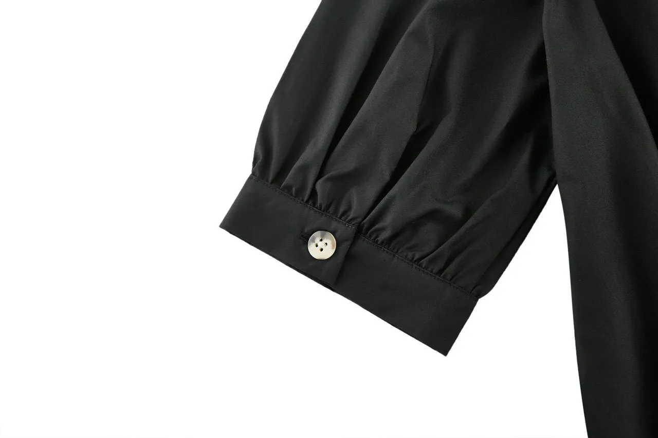 V-Neck Puff Sleeves Fit & Flare Dress with Fabric Belt