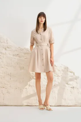 V-Neck Puff Sleeves Fit & Flare Dress with Fabric Belt