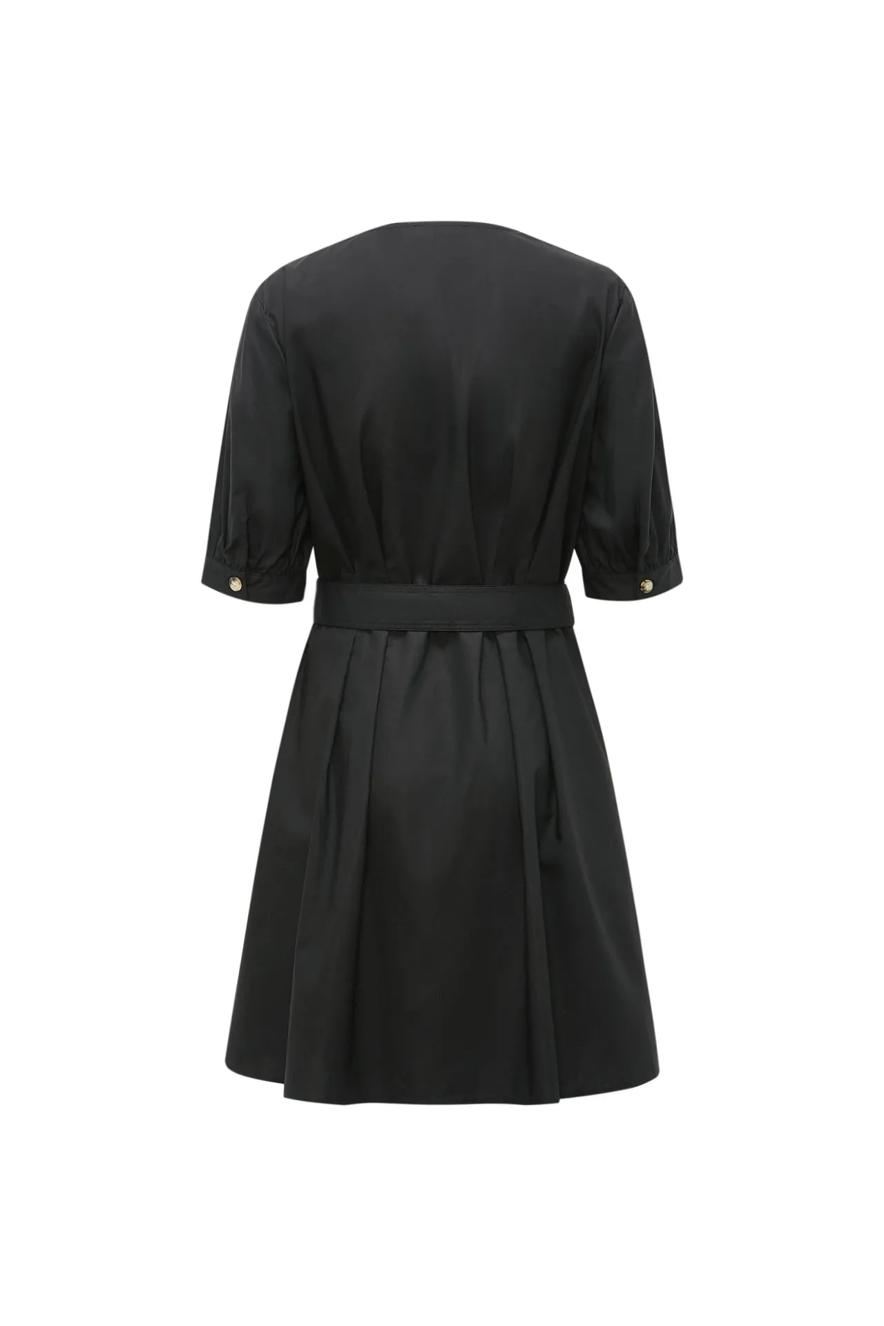 V-Neck Puff Sleeves Fit & Flare Dress with Fabric Belt