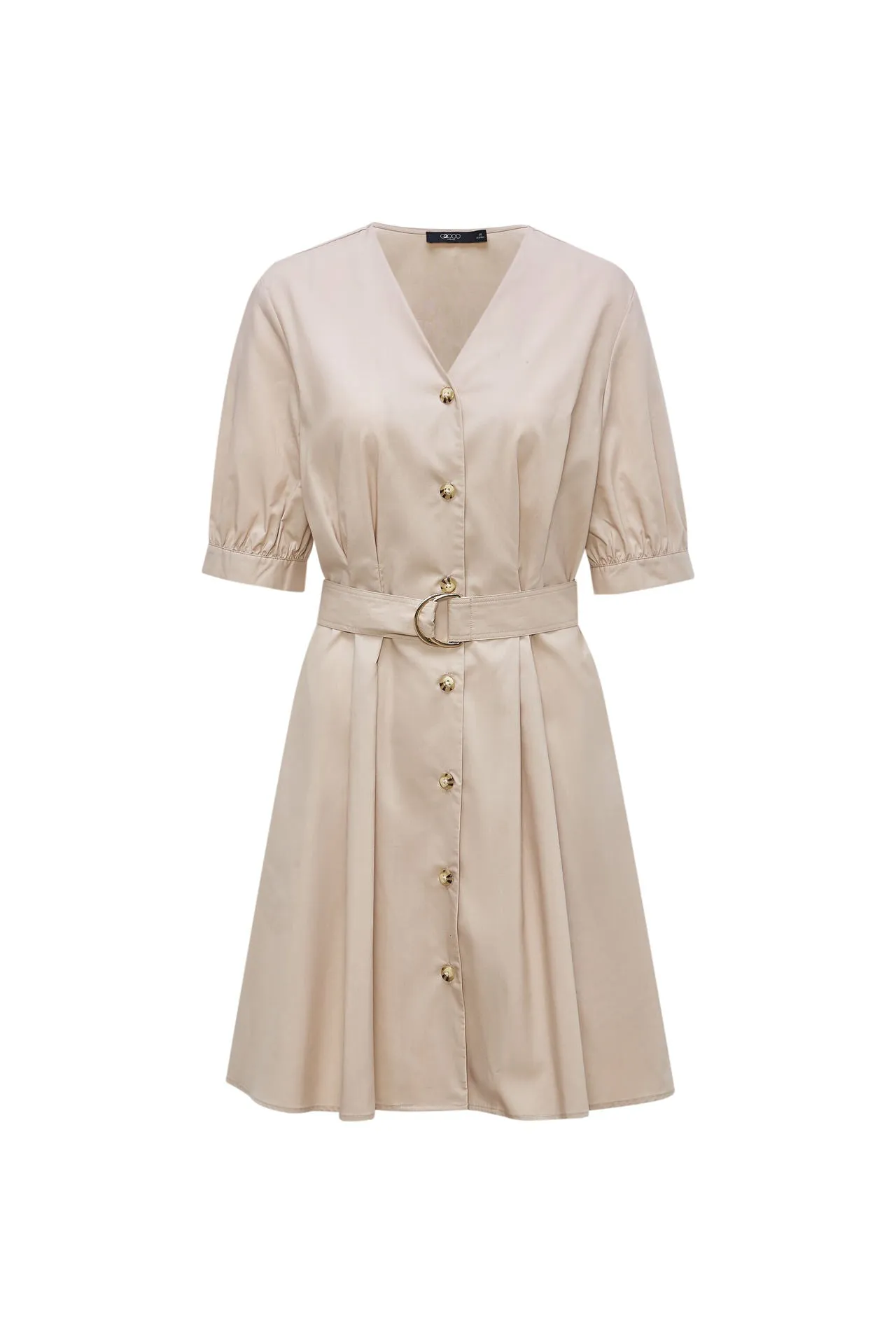 V-Neck Puff Sleeves Fit & Flare Dress with Fabric Belt