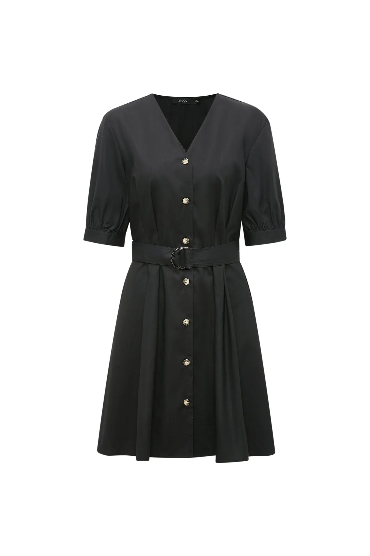 V-Neck Puff Sleeves Fit & Flare Dress with Fabric Belt