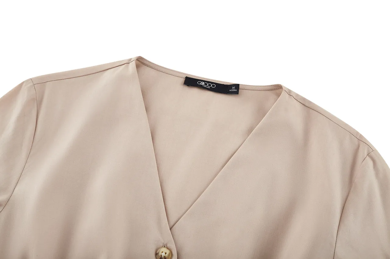 V-Neck Puff Sleeves Fit & Flare Dress with Fabric Belt