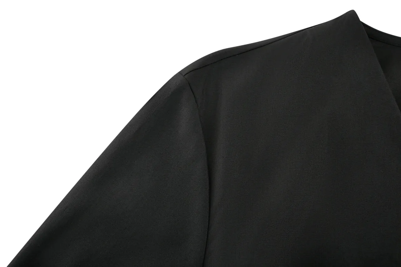 V-Neck Puff Sleeves Fit & Flare Dress with Fabric Belt
