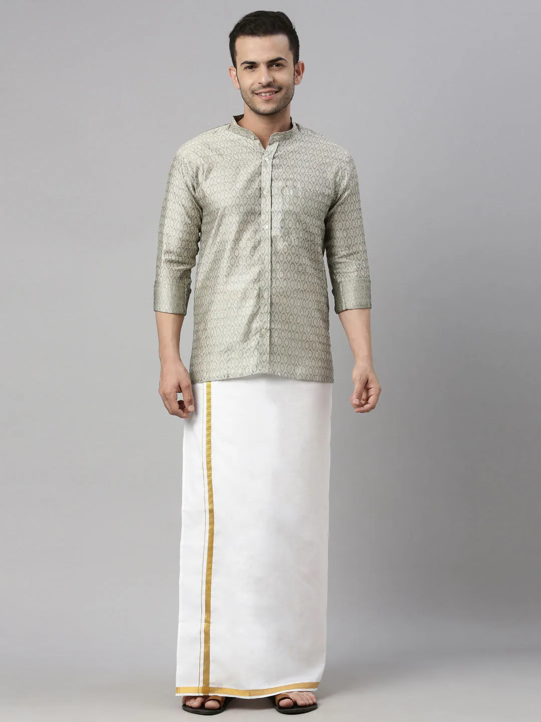 VASTRAMAY Men's Beige Shirt And Mundu Set