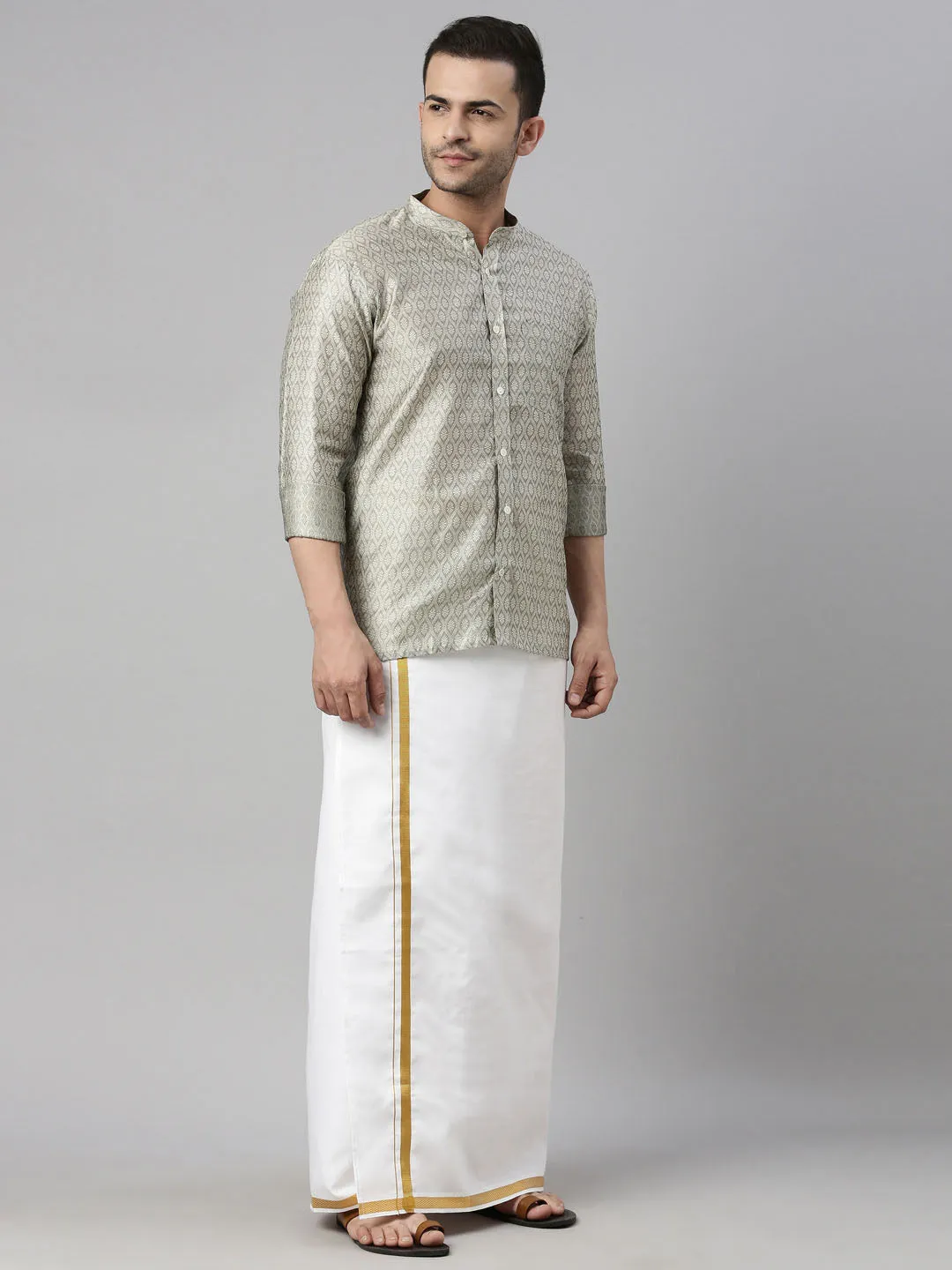 VASTRAMAY Men's Beige Shirt And Mundu Set