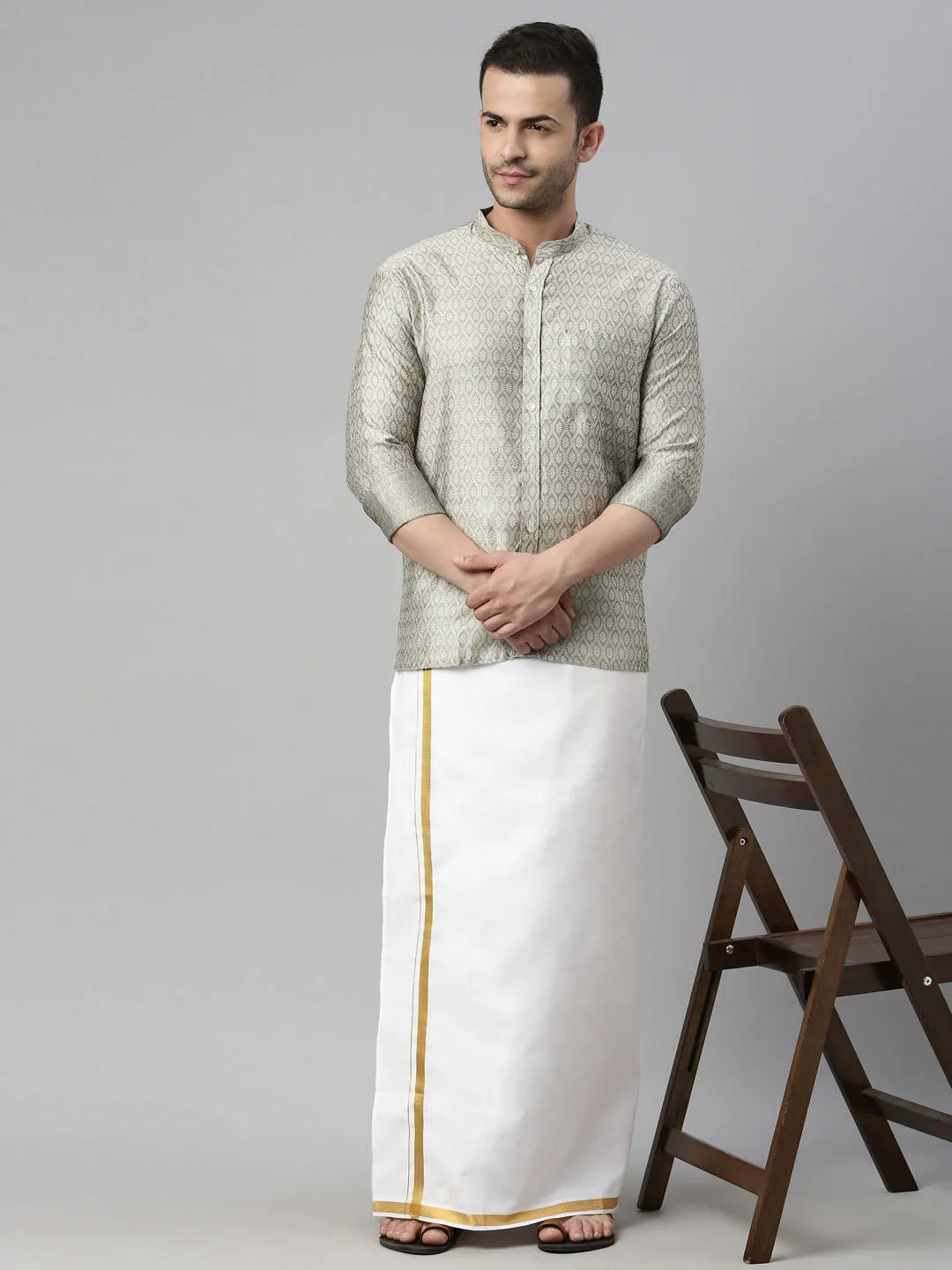 VASTRAMAY Men's Beige Shirt And Mundu Set