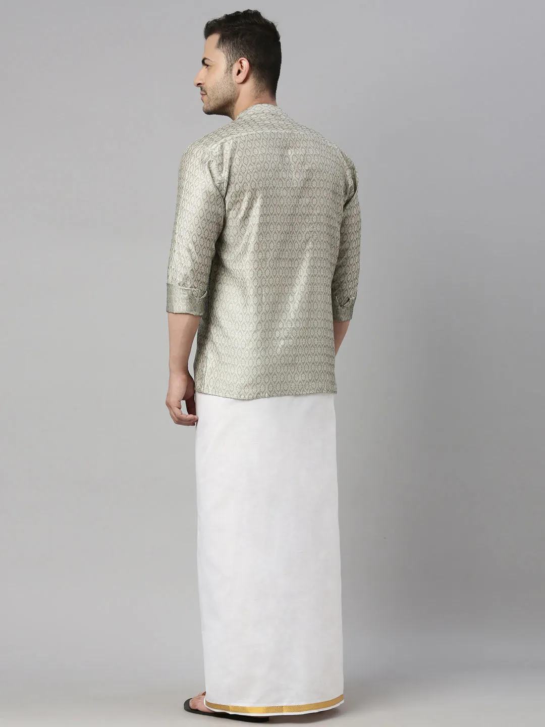VASTRAMAY Men's Beige Shirt And Mundu Set