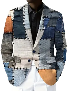 Vintage Denim Patchwork Print Single-breasted Blazer