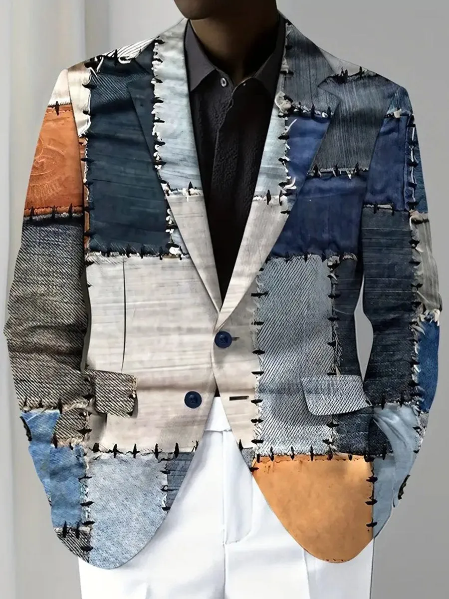 Vintage Denim Patchwork Print Single-breasted Blazer
