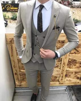 Voguable Men Suit Slim Fit 3 Piece Grey Casual Prom Tuxedos Groom Peaked Lapel Business for Wedding Suits Men (Blazer Vest Pant)