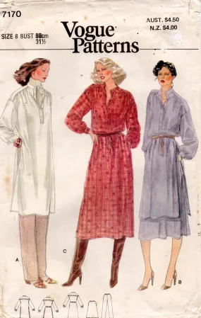Vogue 7170 Womens Gathered Shoulder Shirtdress Tunic & Pants 1970s Vintage Sewing Pattern Size 8 UNCUT Factory Folded