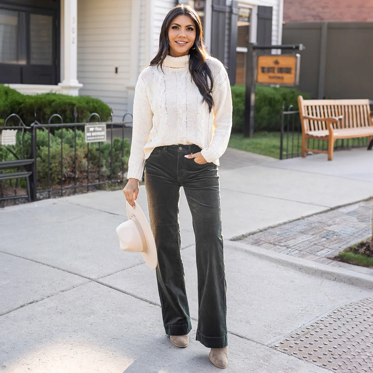 Wide Leg Deep Green Corduroy Pants