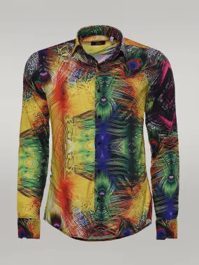 WSS Peacock Pattern Long Sleeves Multicolor Men Shirt  - Singen