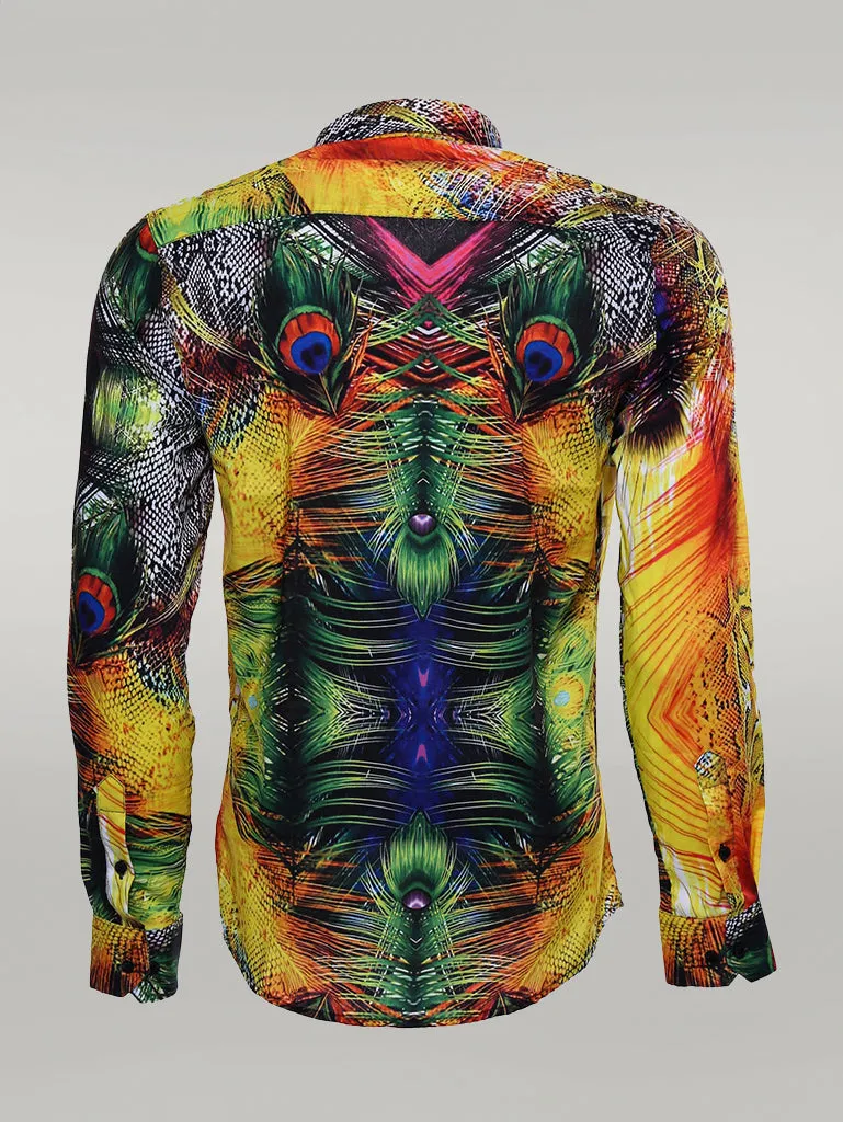 WSS Peacock Pattern Long Sleeves Multicolor Men Shirt  - Singen