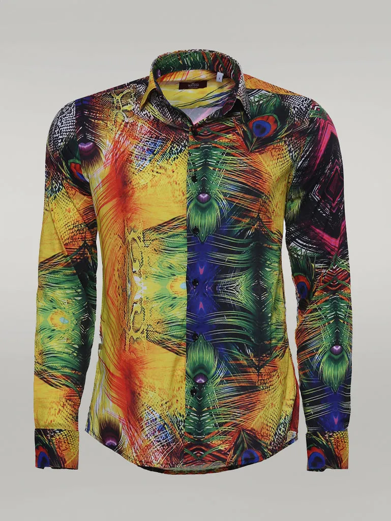 WSS Peacock Pattern Long Sleeves Multicolor Men Shirt  - Singen