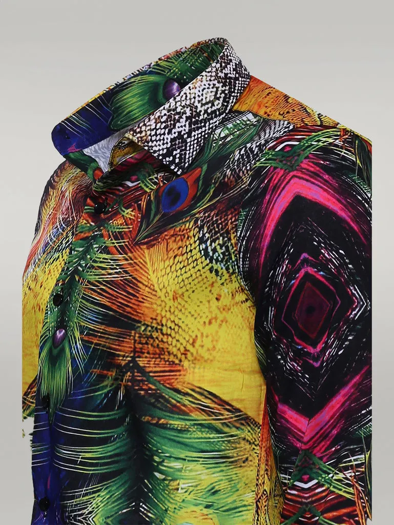 WSS Peacock Pattern Long Sleeves Multicolor Men Shirt  - Singen