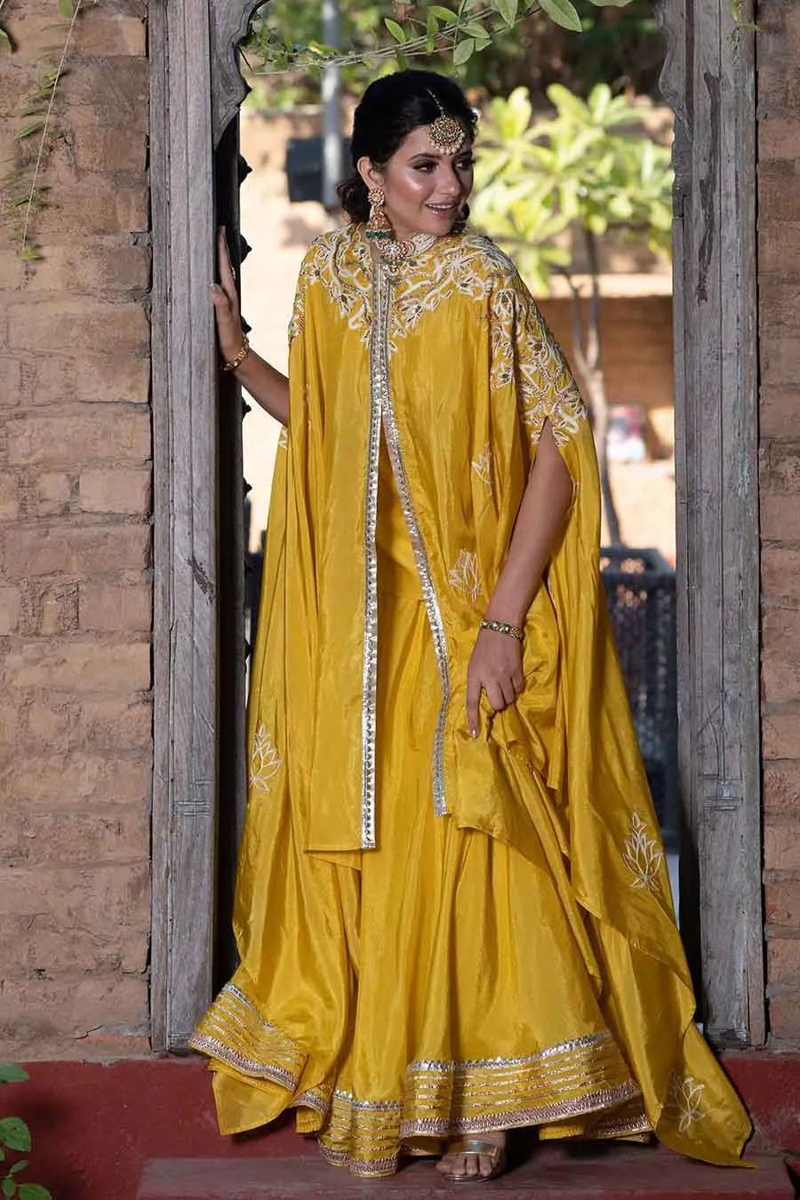 Yellow Chanderi Embroidered Cape Set