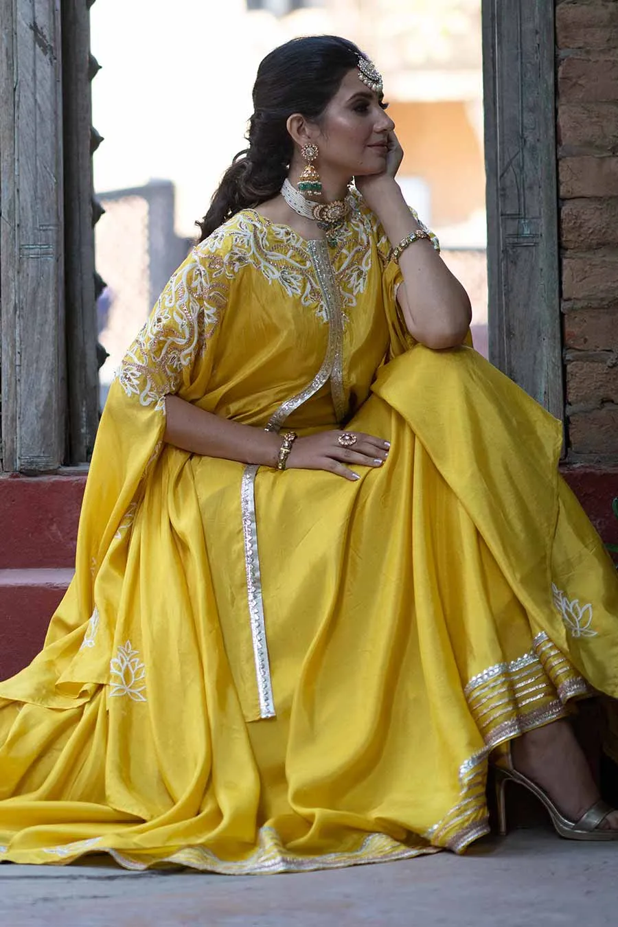 Yellow Chanderi Embroidered Cape Set